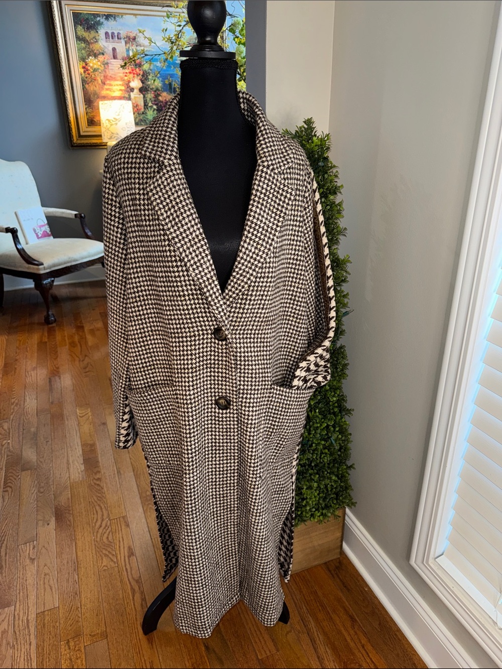 Mystree Brown and Cream Houndstooth Peacoat NWOT